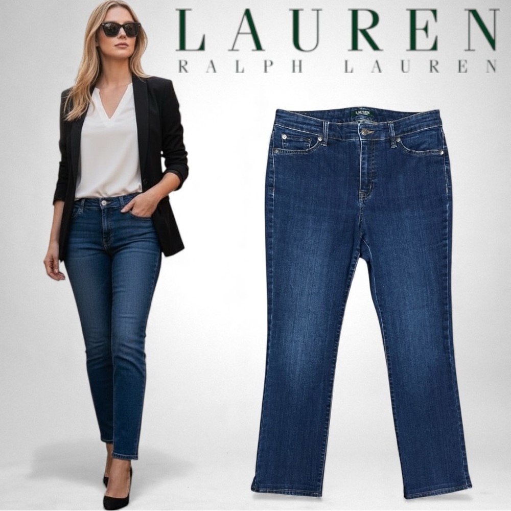 LAUREN RALPH LAUREN Premier Straight High Rise Dark Wash Jeans Pockets Zip-up 8P